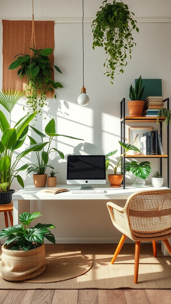 A home office with lots of plants and plant-based textiles, featuring a desk, computer, and earthy decor.