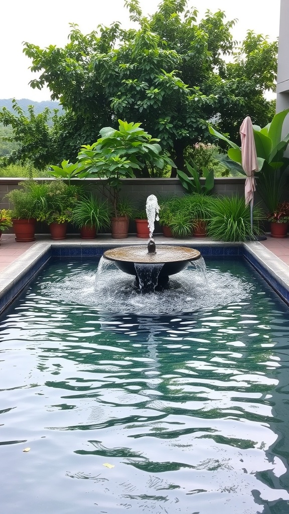 A serene garden terrace with a fountain surrounded by lush plants.