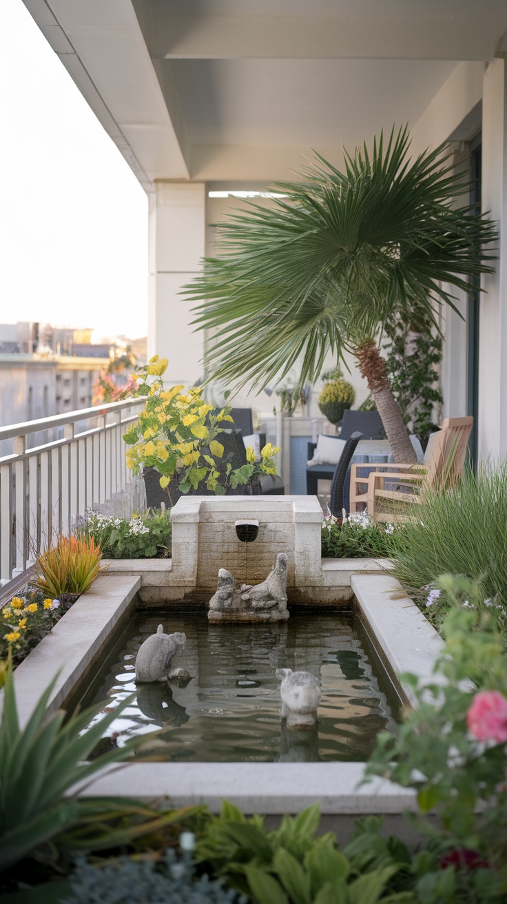 A serene balcony garden featuring a small fountain and lush greenery.