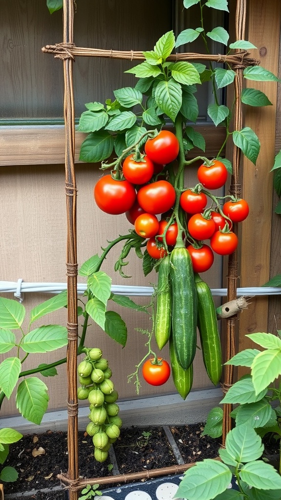 A vertical trellis with tomatoes and cucumbers growing on it