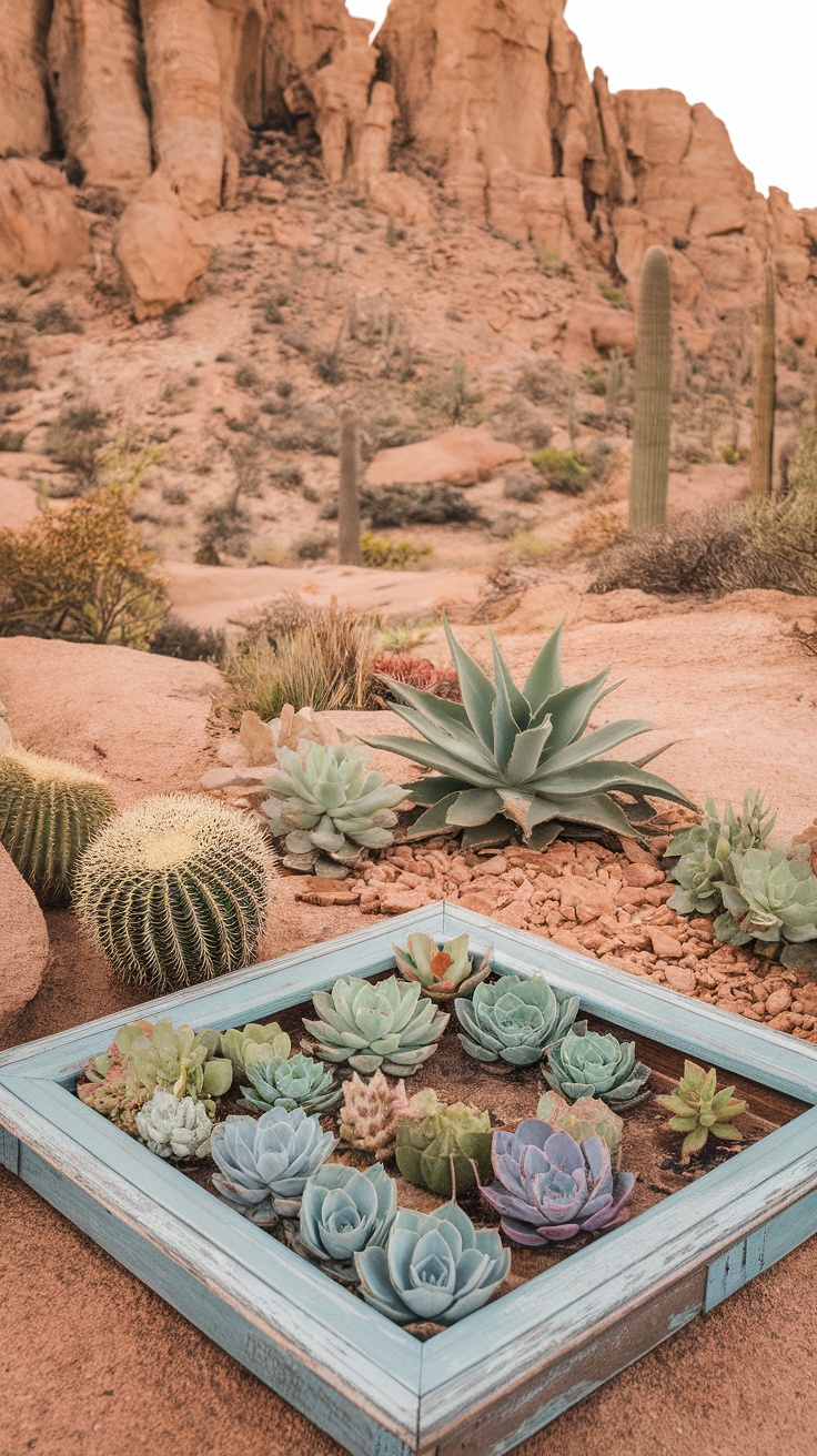 Succulent wall art arranged in a blue picture frame in a desert landscape.