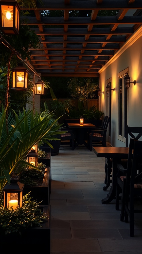 Cozy garden terrace with warm mood lighting and plants.