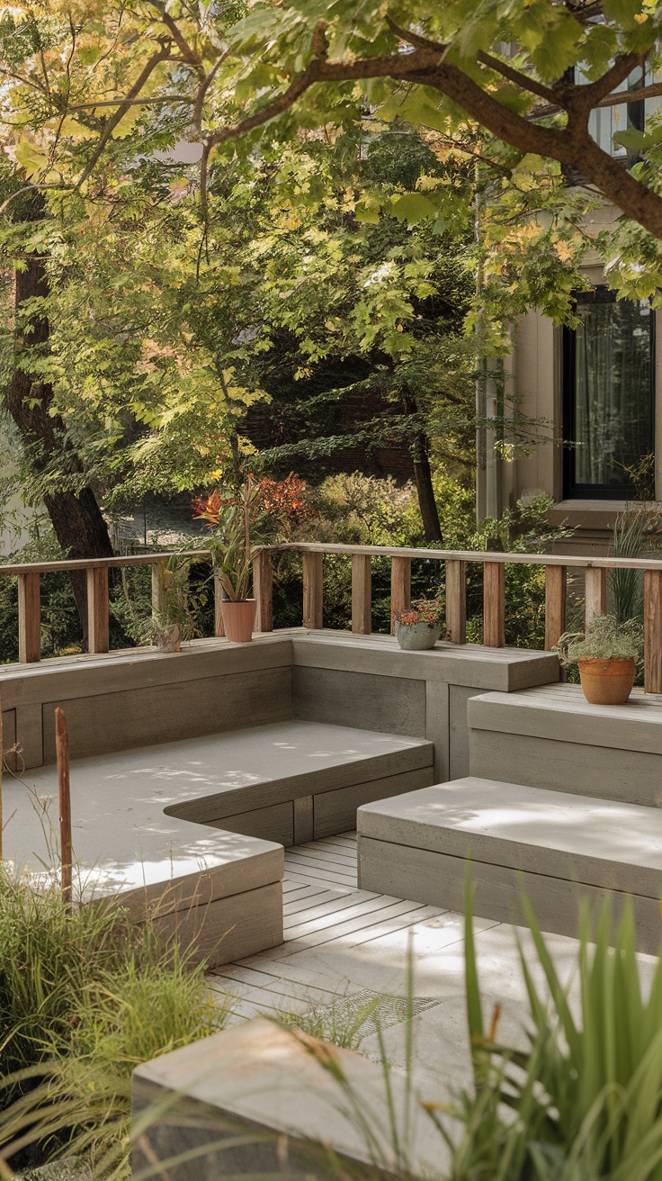 A cozy garden deck area with integrated seating and plants.