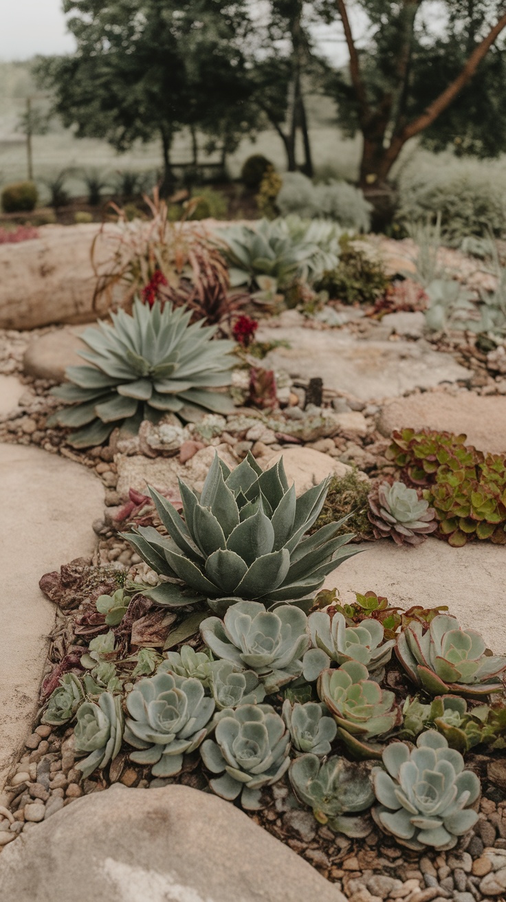 A naturalistic garden featuring various types of succulents arranged among smooth river rocks.