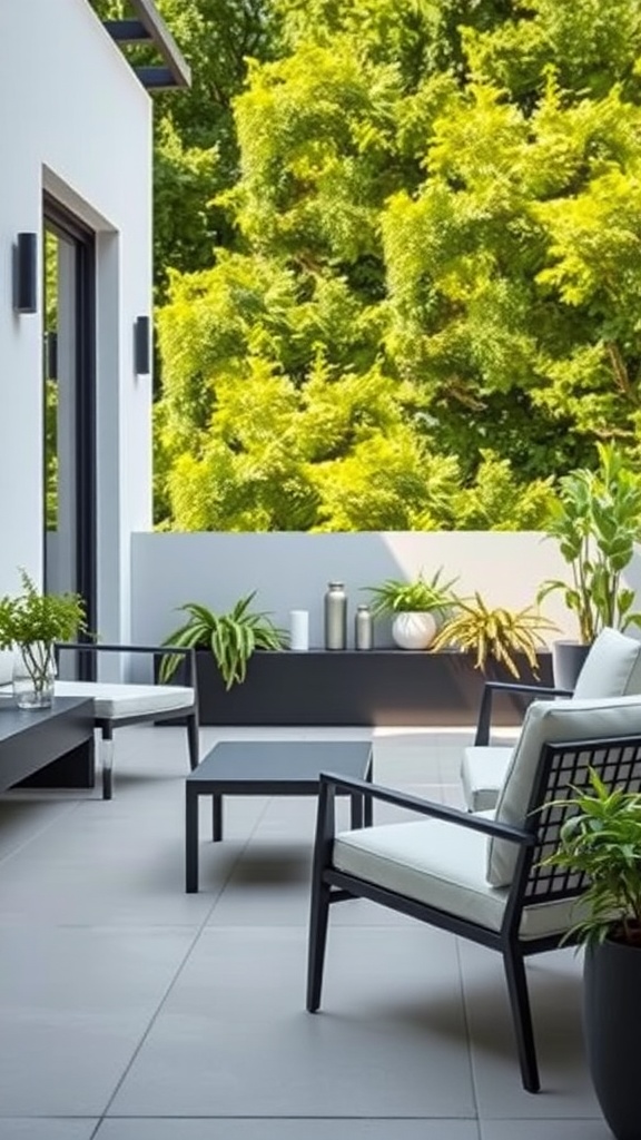 A modern garden terrace featuring stylish furniture and lush greenery.