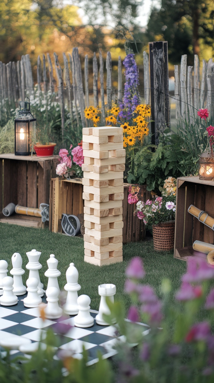 Outdoor garden with giant Jenga and oversized chess pieces surrounded by flowers.