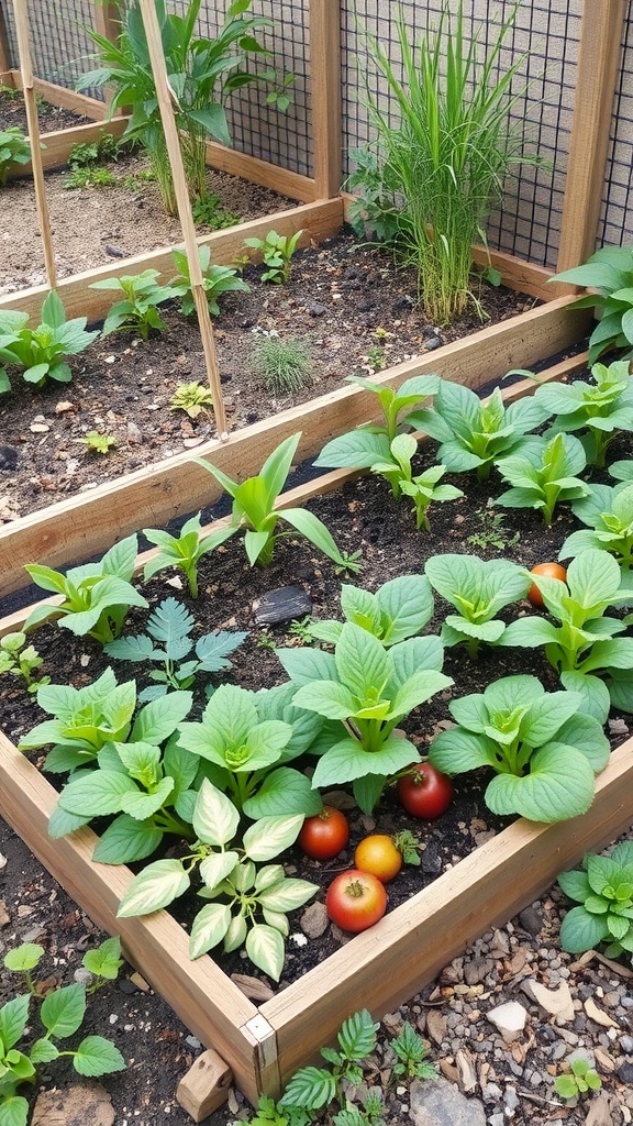 A small vegetable garden with various plants including tomatoes, leafy greens, and herbs.