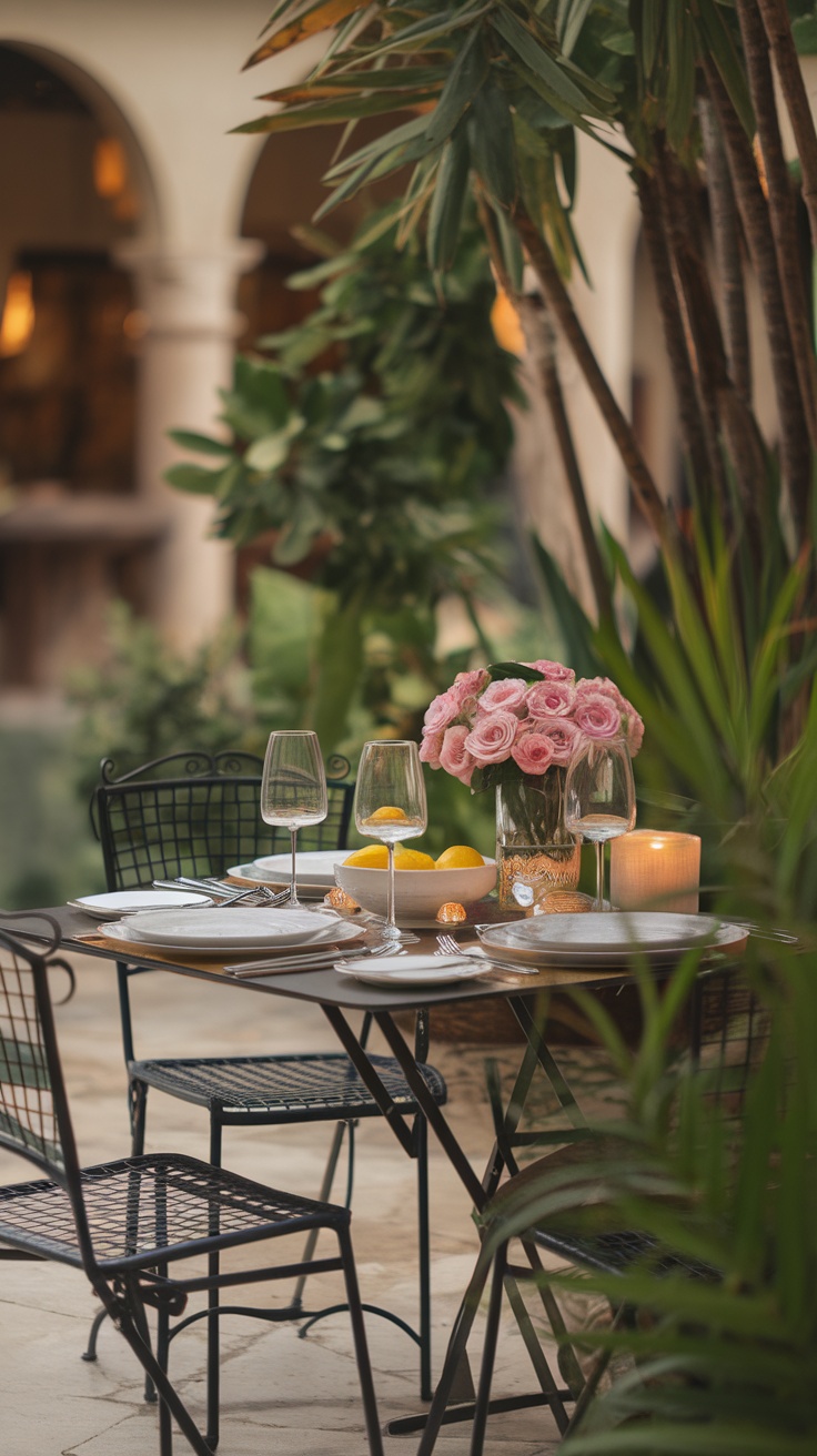 A romantic dining setup in a garden with a wooden table, glassware, and flowers.