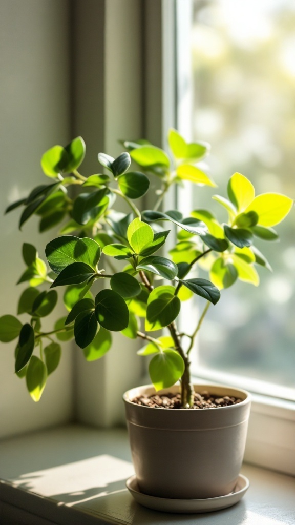 A jade plant with lush green leaves in a simple pot, sitting by a sunny window.