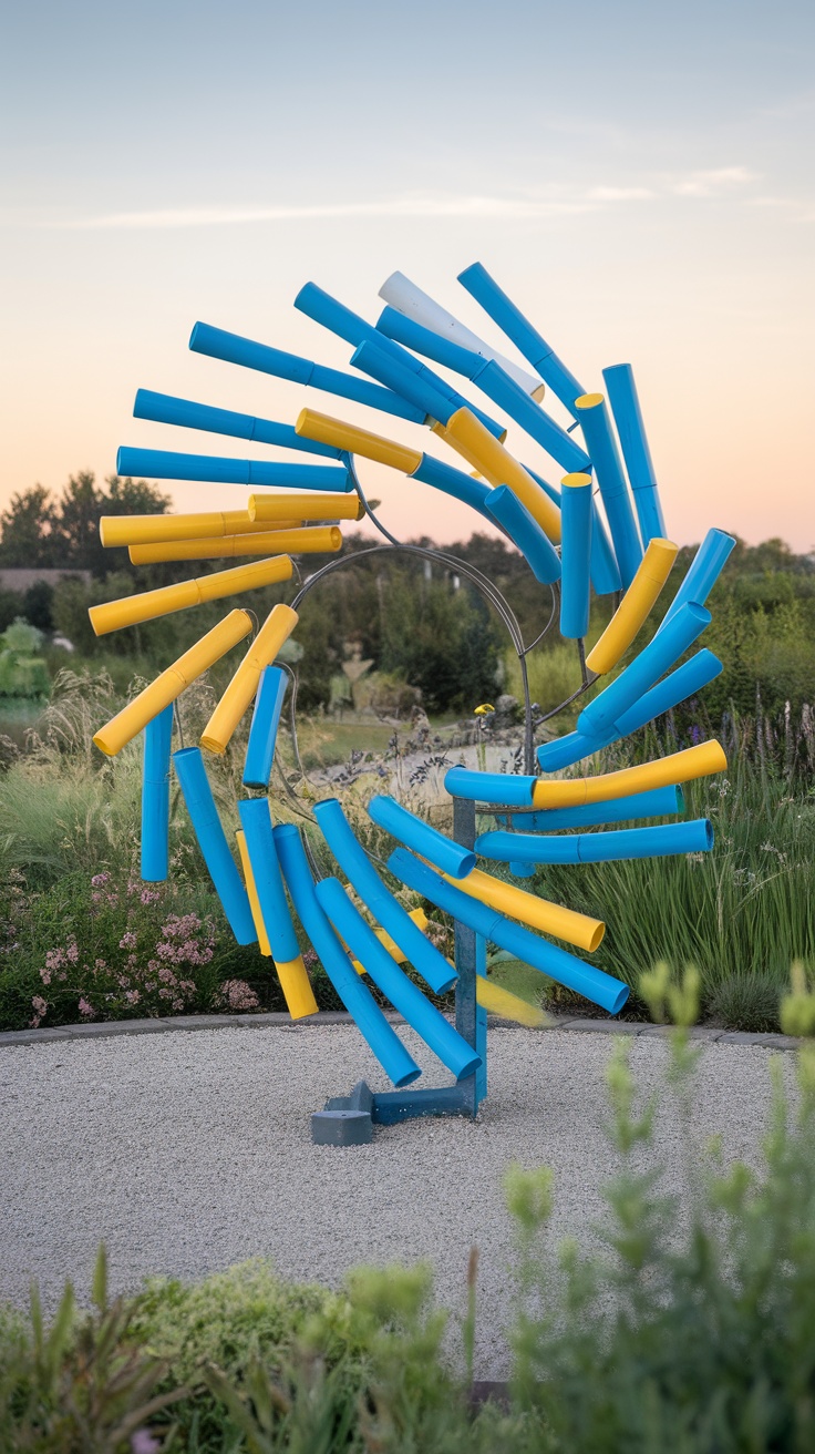 A colorful kinetic wind sculpture with blue and yellow elements in a garden setting.