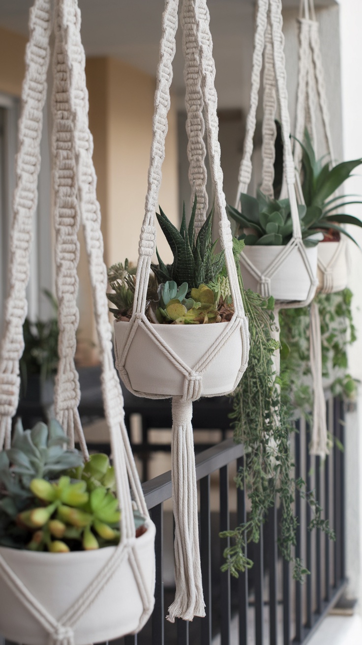 Macrame planters holding various lush plants on a balcony