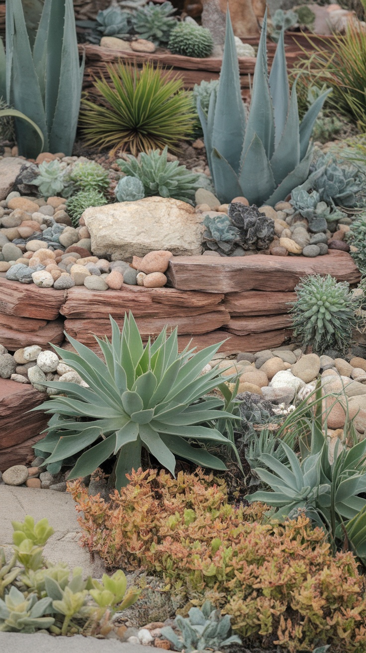 A layered garden featuring succulents and river rocks with varying heights and textures.