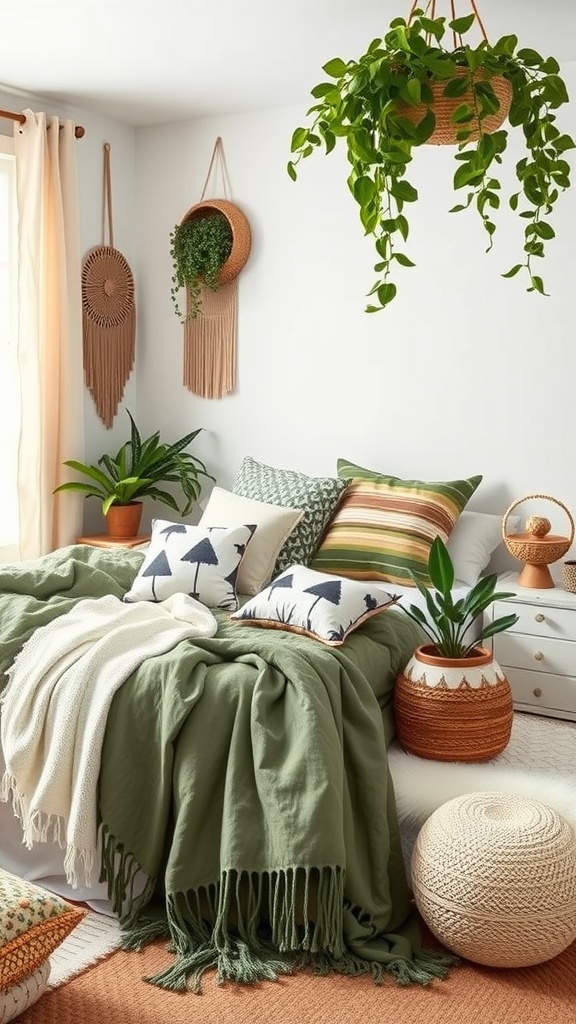 A cozy boho bedroom featuring sage green textiles, layered throws, and decorative pillows surrounded by plants.