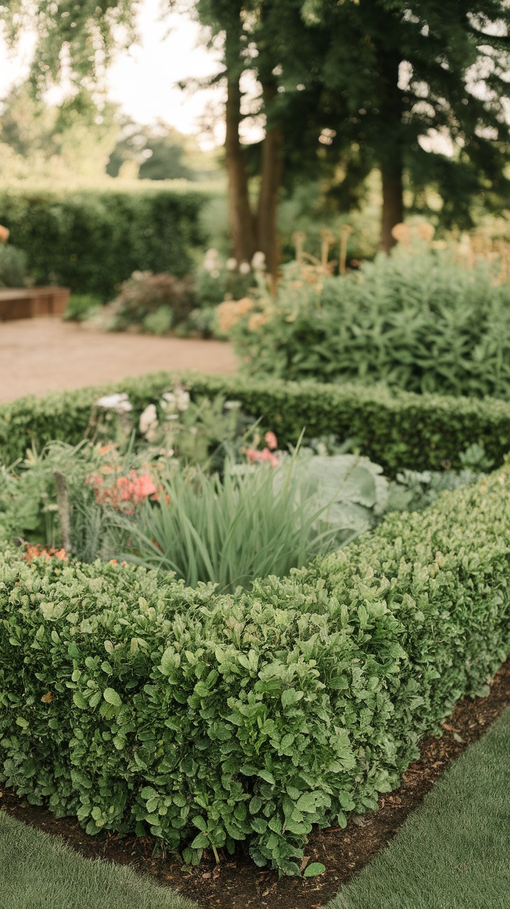 A neatly trimmed green hedge surrounding a flower bed with various plants in a garden.