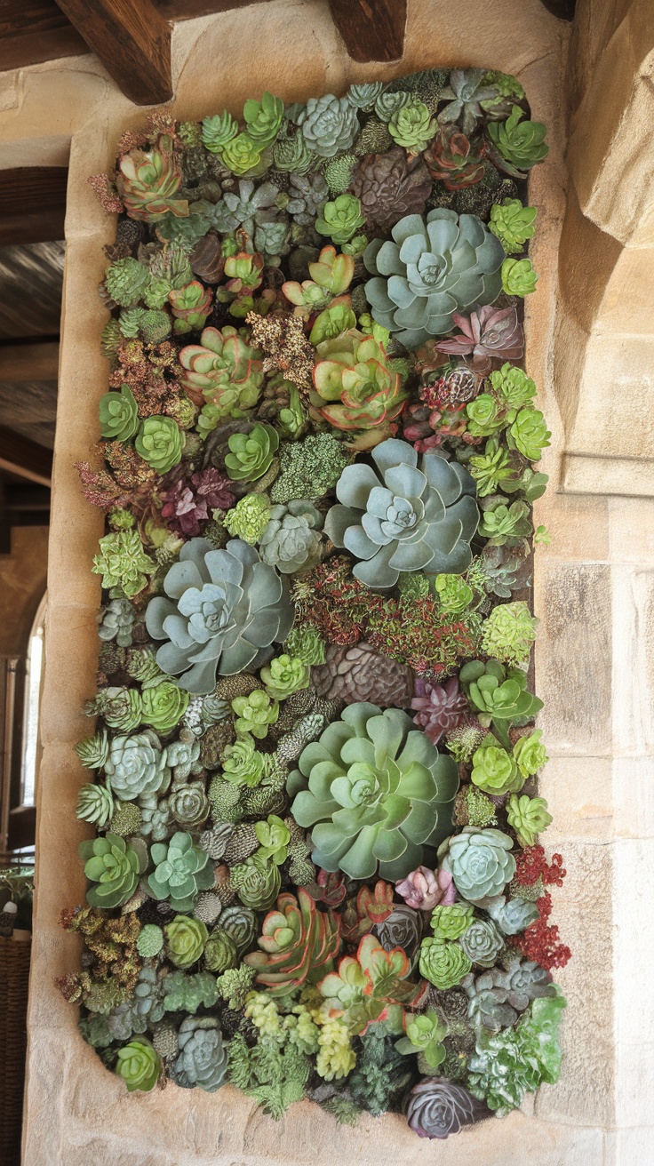 Living wall art made with various colorful succulents arranged beautifully.