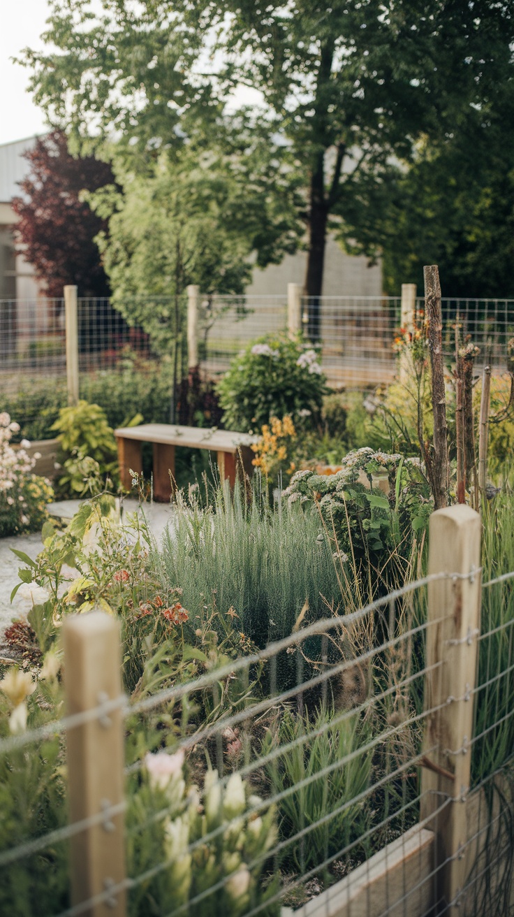 A garden with wooden posts and wire mesh fencing, surrounded by various plants and flowers.