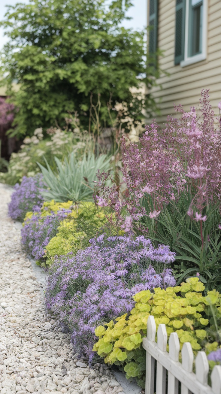 A colorful garden border featuring various low-maintenance plants like creeping thyme and sedum.