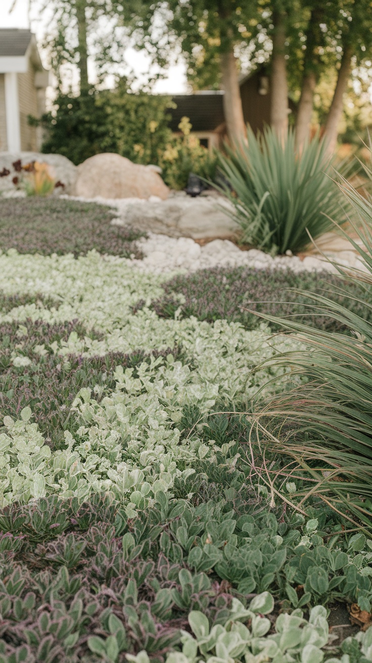 A garden featuring different types of ground cover plants, showcasing greenery and natural landscaping.