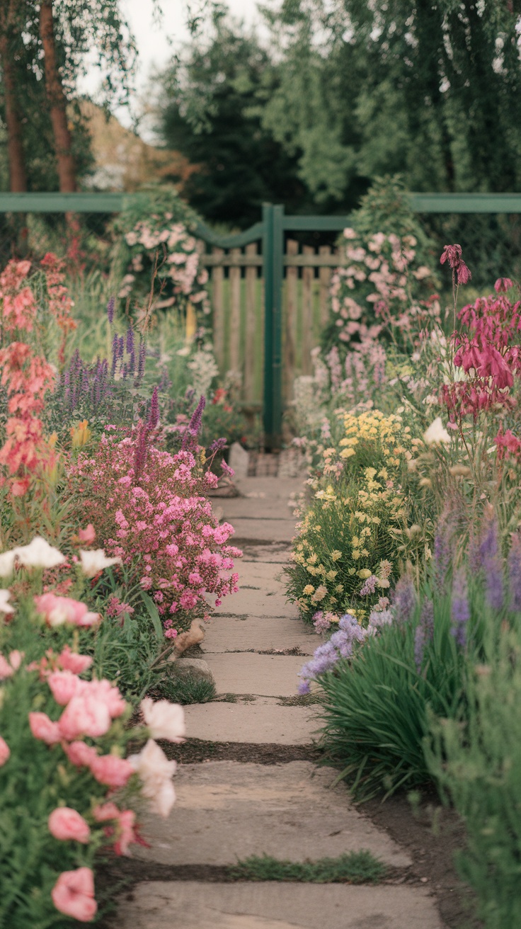 A beautiful flower pathway in a garden lined with colorful flowers.