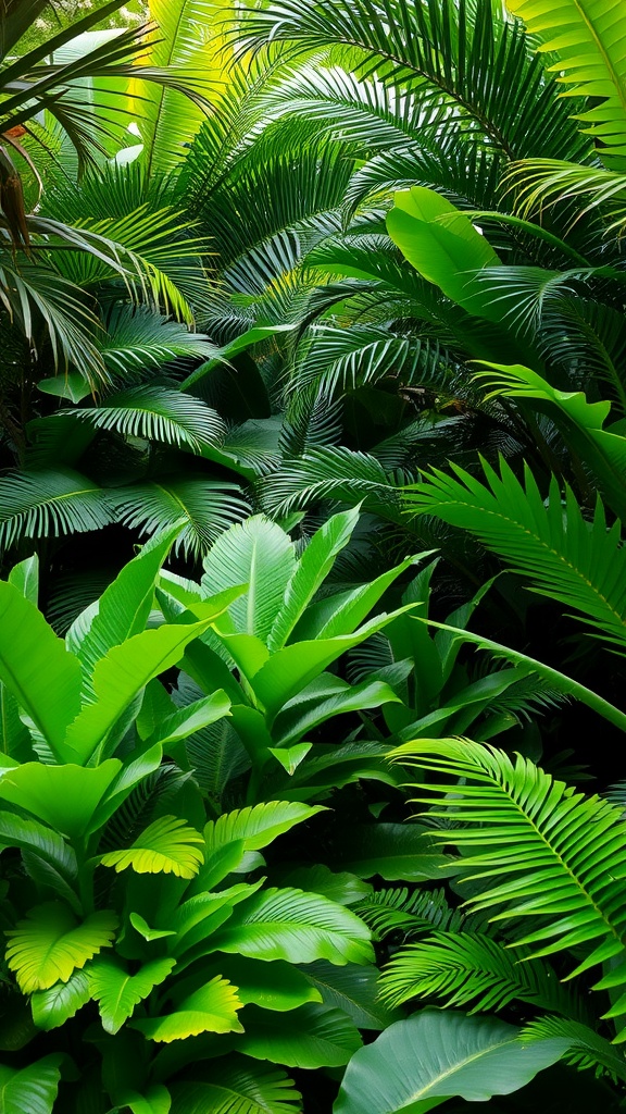 A dense arrangement of tropical plants featuring large green leaves and layered foliage.