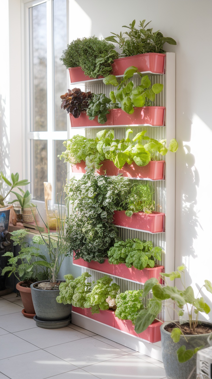 Vertical garden wall featuring various herbs and greens in a small kitchen