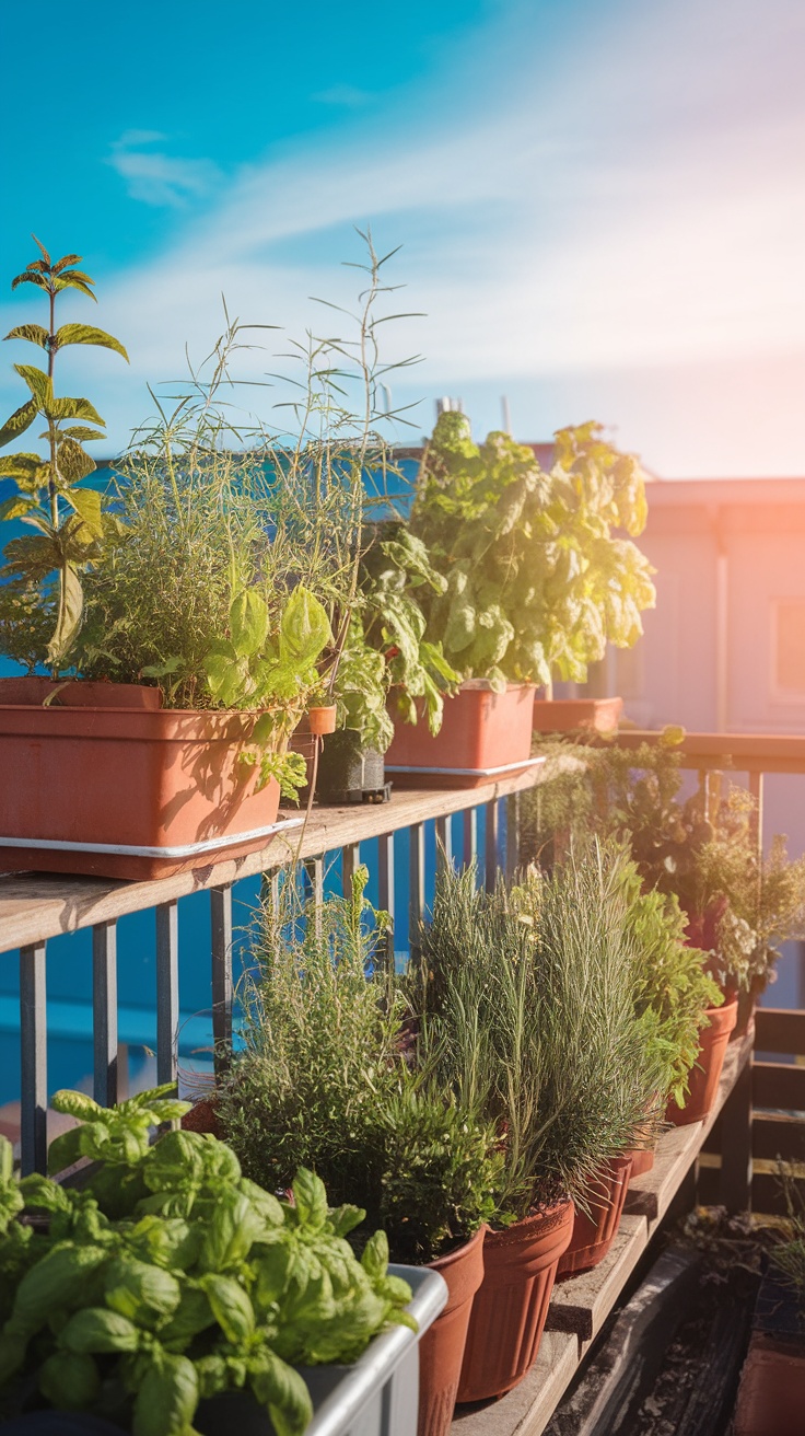 A vibrant balcony garden filled with various herbs in pots under a clear blue sky.