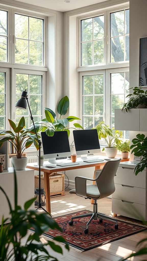 A bright and airy home office filled with plants and natural light.