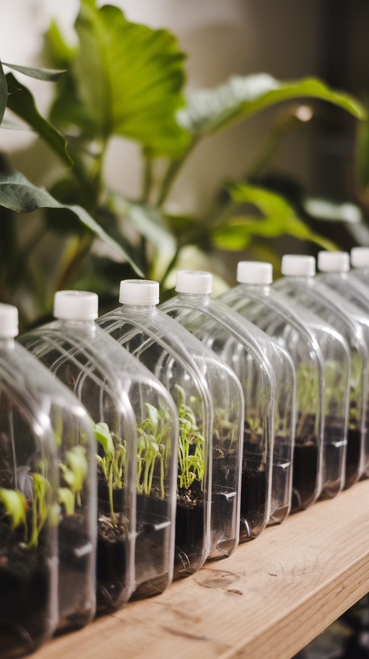 Two plastic bottles used as mini greenhouses for plants in a garden.