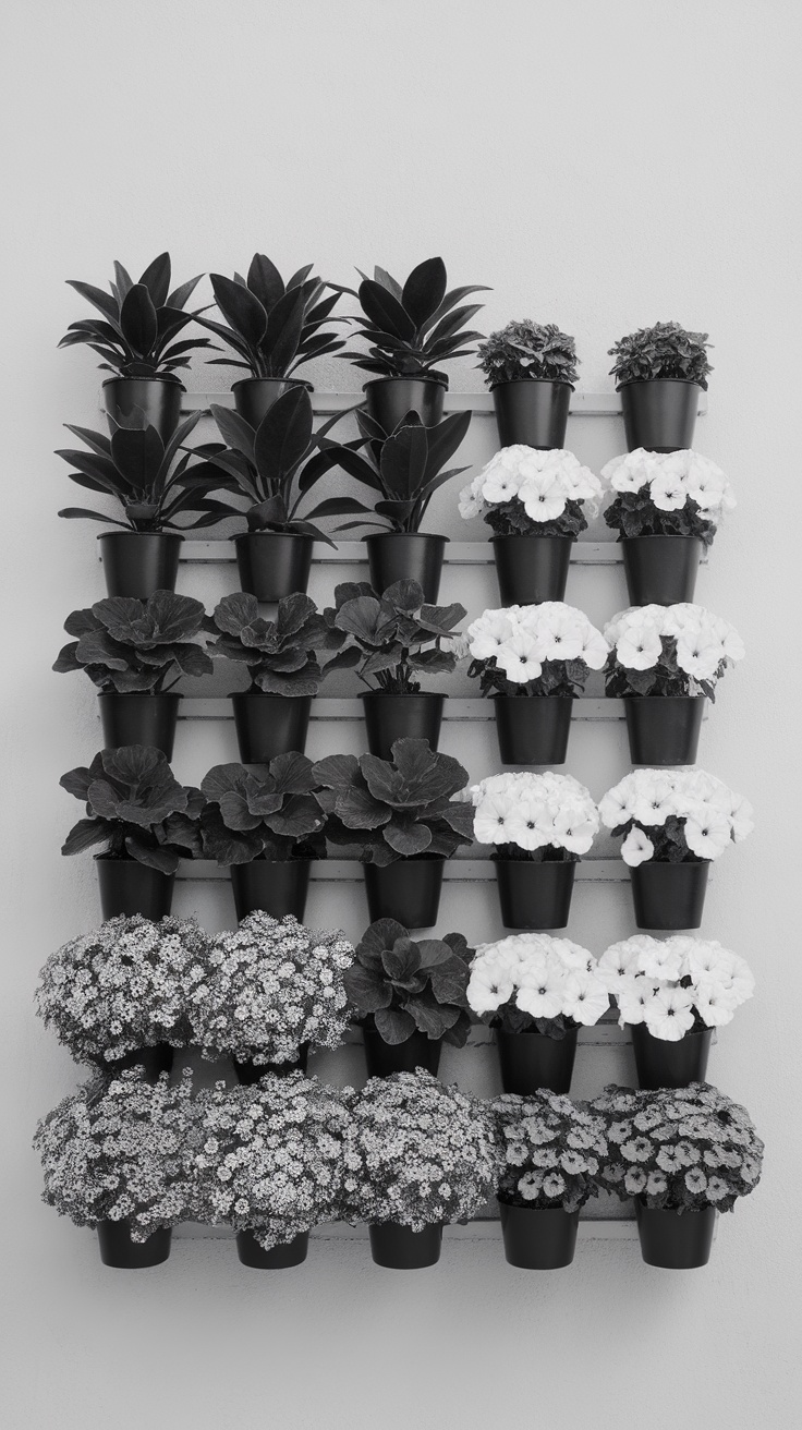 Minimalist vertical garden wall featuring monochrome plants in black and white.