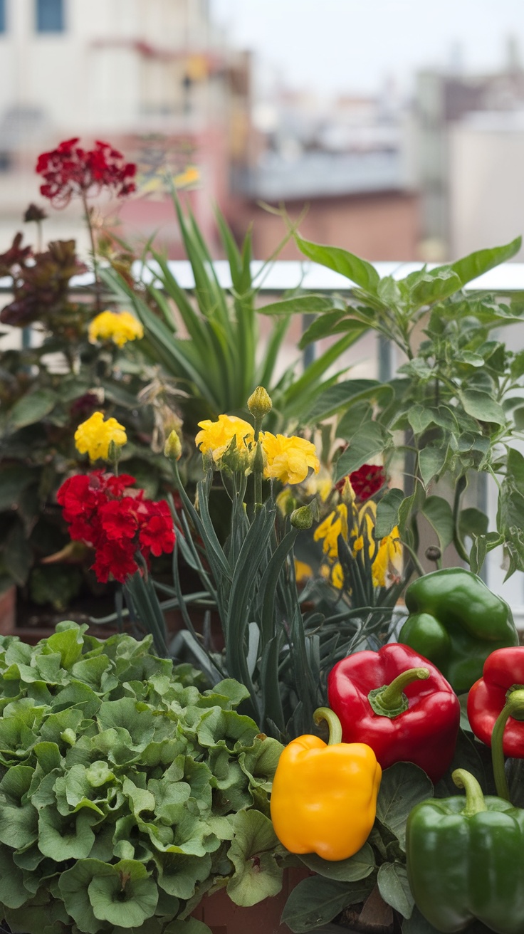 A balcony garden featuring bright flowers and colorful bell peppers.