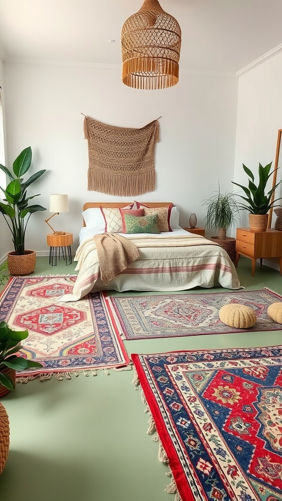 A cozy bohemian bedroom featuring layered rugs, plants, and warm decor.