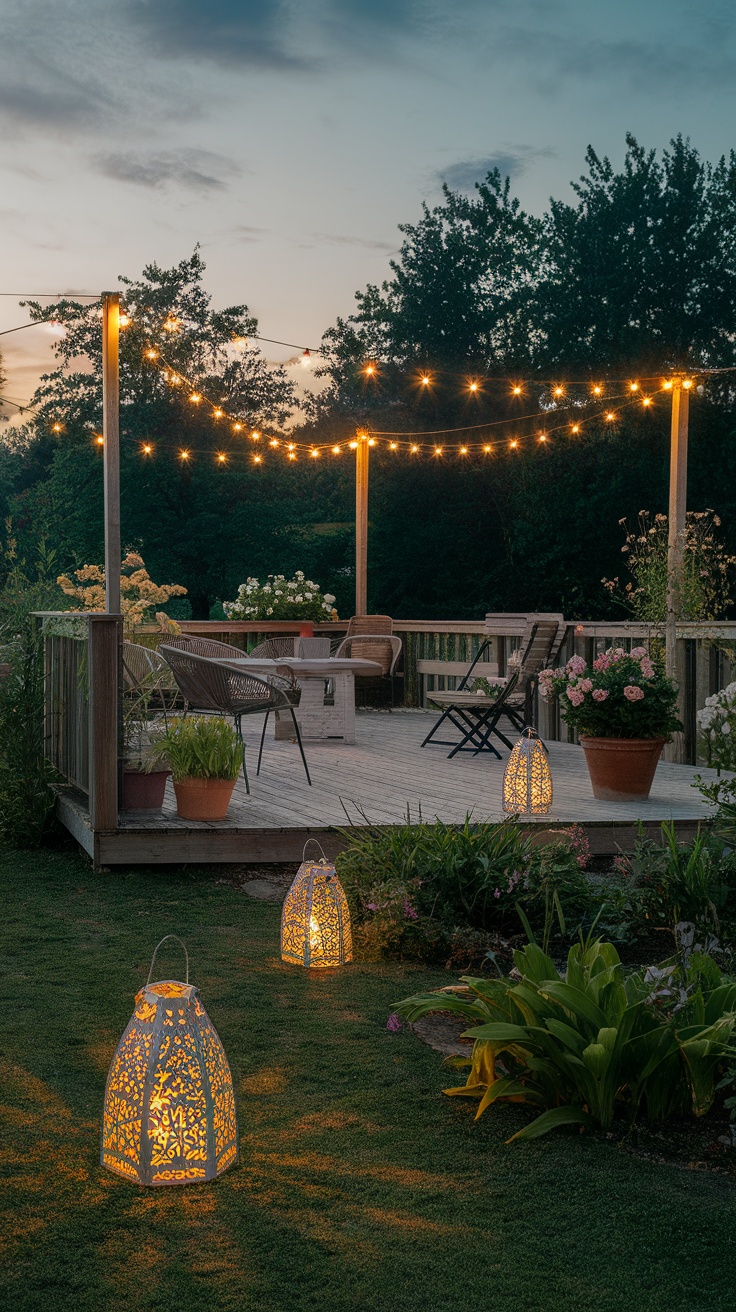 A garden deck area with string lights and decorative lanterns creating a cozy evening atmosphere.