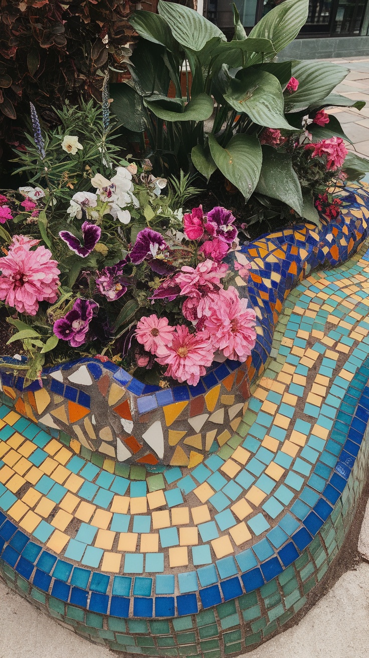 Colorful mosaic tile borders surrounding vibrant flowers in a garden.