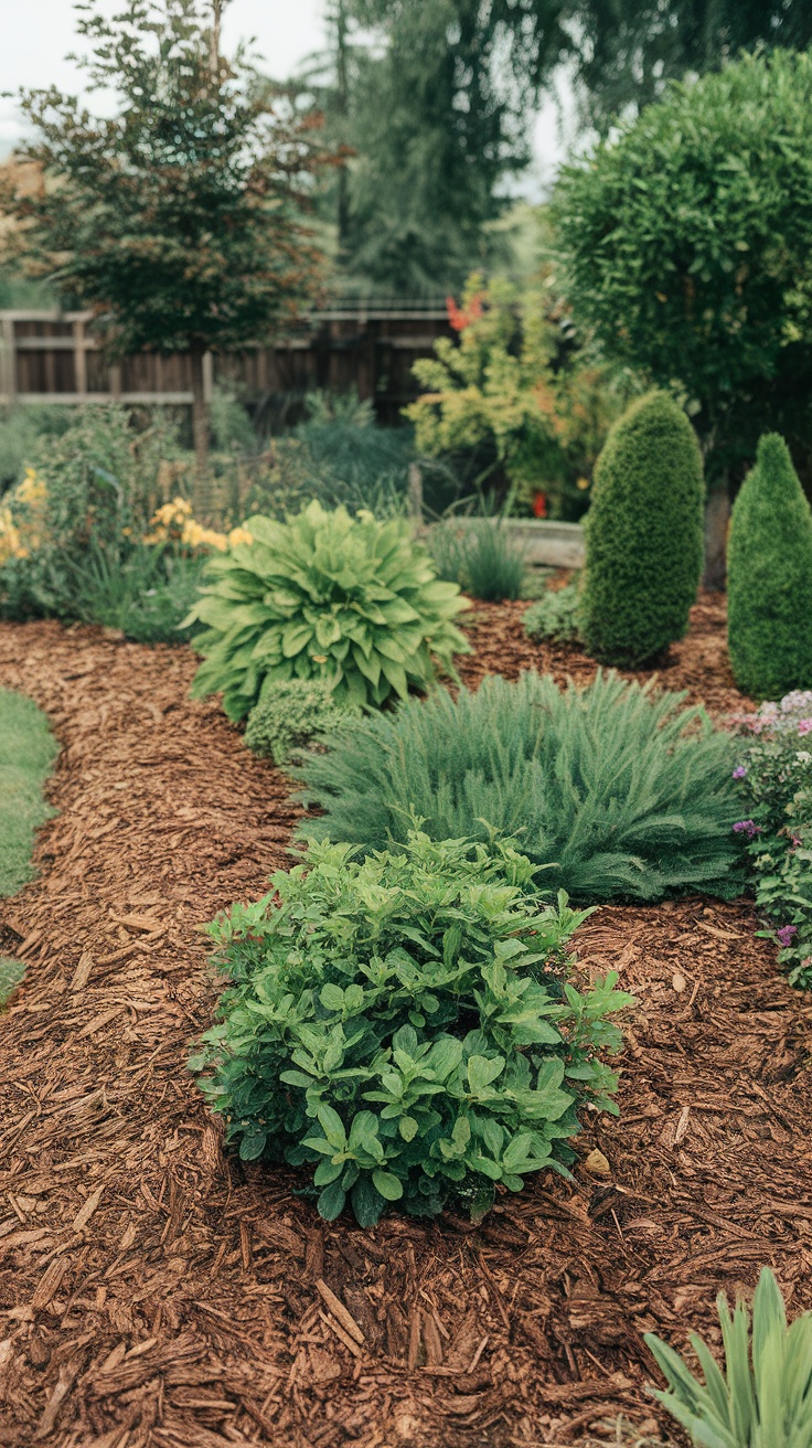 A well-mulched garden area with various plants and shrubs.