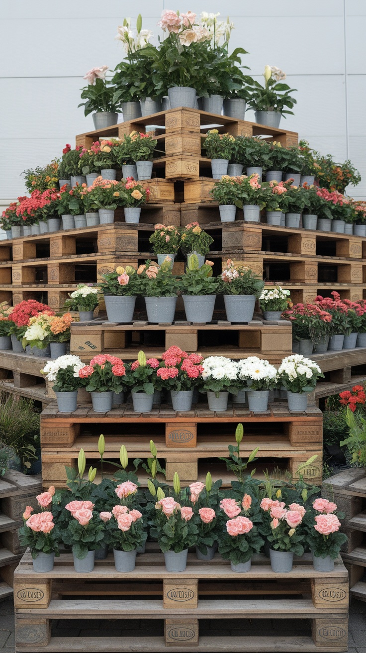 An arrangement of colorful plants displayed on a multi-level wooden pallet structure.