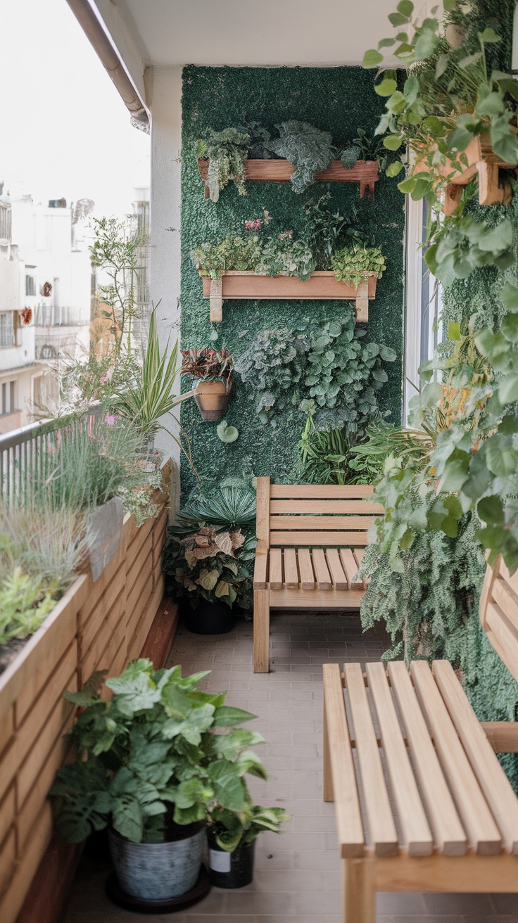 A cozy balcony garden featuring wooden furniture and lush plants.