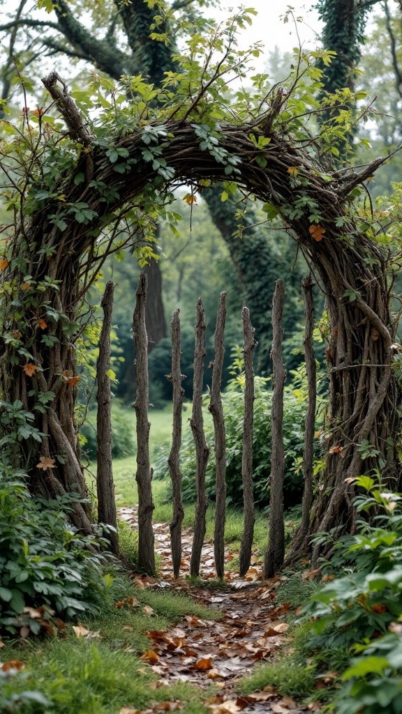 A rustic garden gate made of branches and twigs surrounded by greenery.