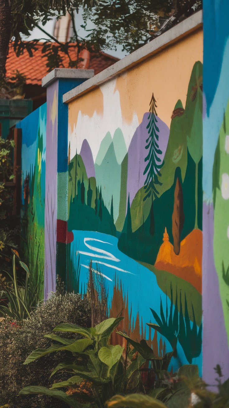 A colorful nature-inspired mural depicting mountains, trees, and a river.