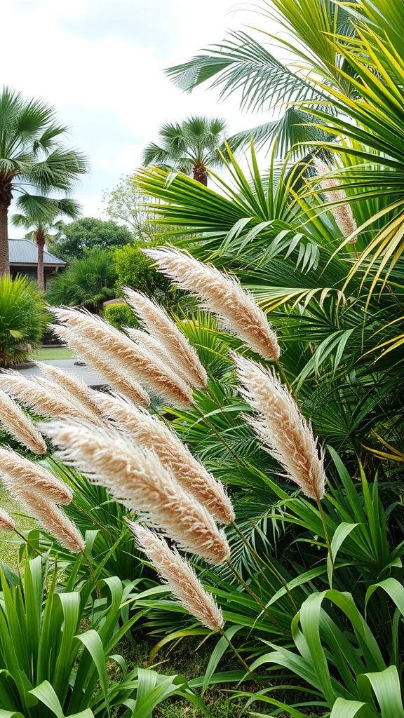 A tropical garden featuring ornamental grasses and palm trees