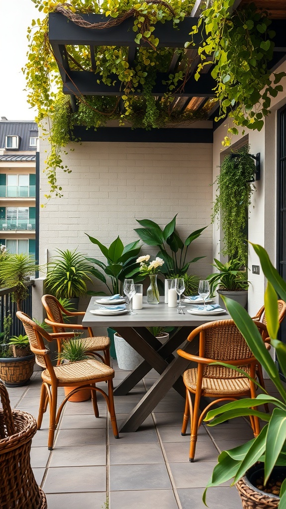 A stylish garden terrace with a dining table set amidst lush plants and greenery.