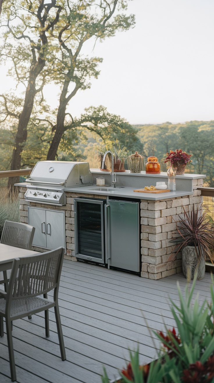 A modern outdoor kitchen featuring a grill, sink, and refrigerator, surrounded by greenery.