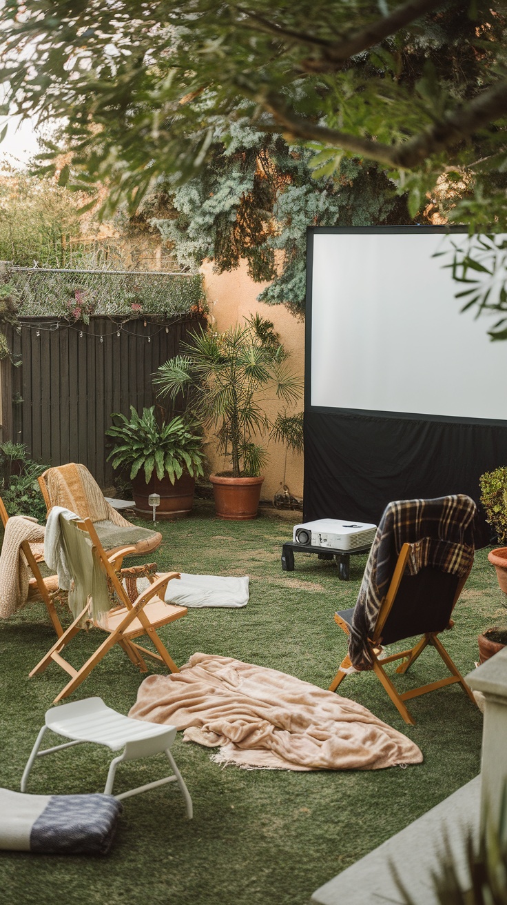 A backyard setup for an outdoor movie night, featuring a projector, a screen, and comfortable seating.