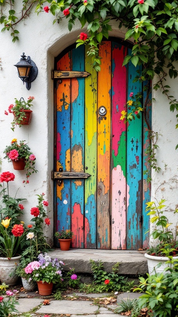 A colorful painted pallet board gate surrounded by flowers and greenery.