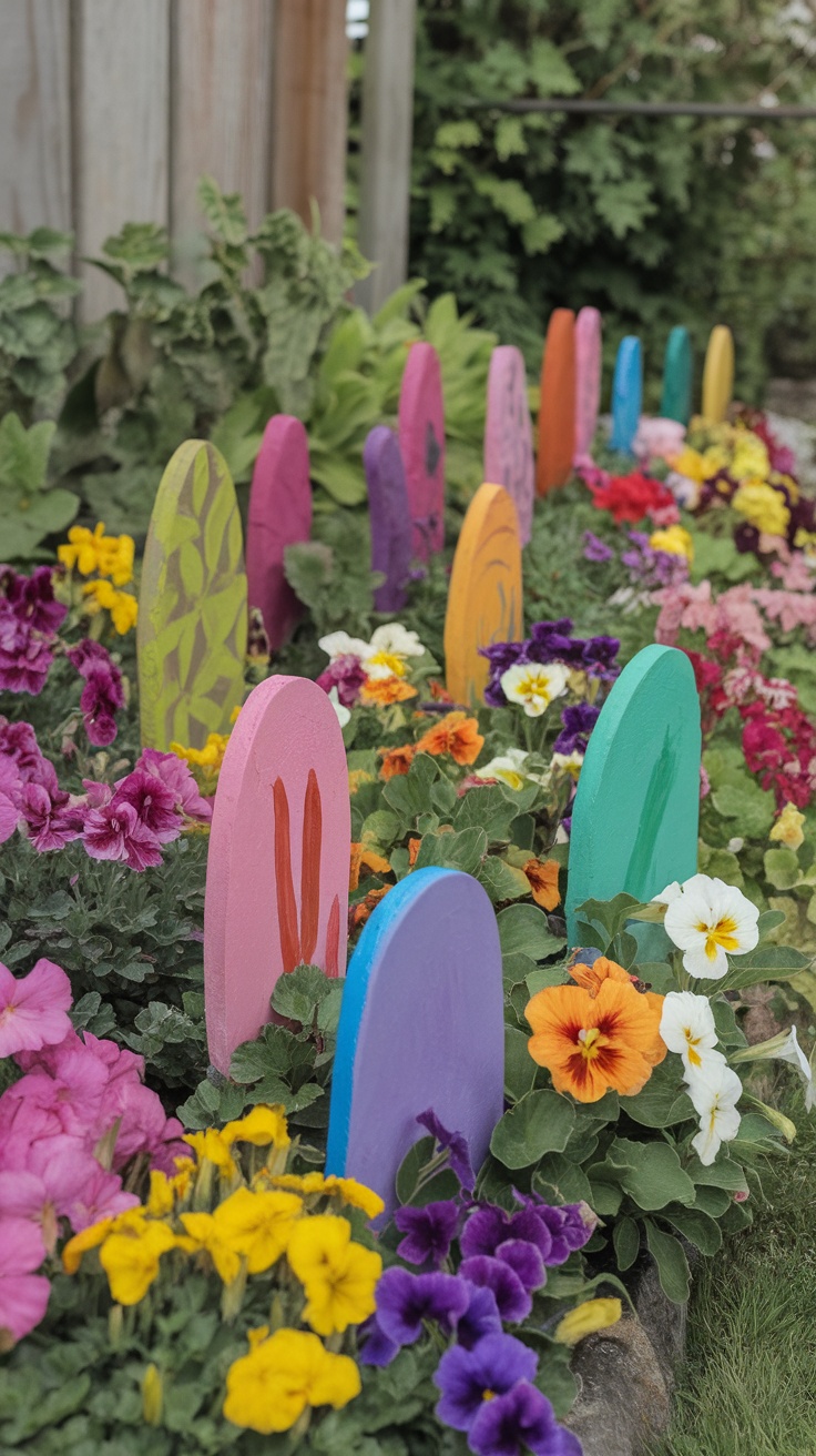 Colorful painted stones used as garden markers, surrounded by flowers.