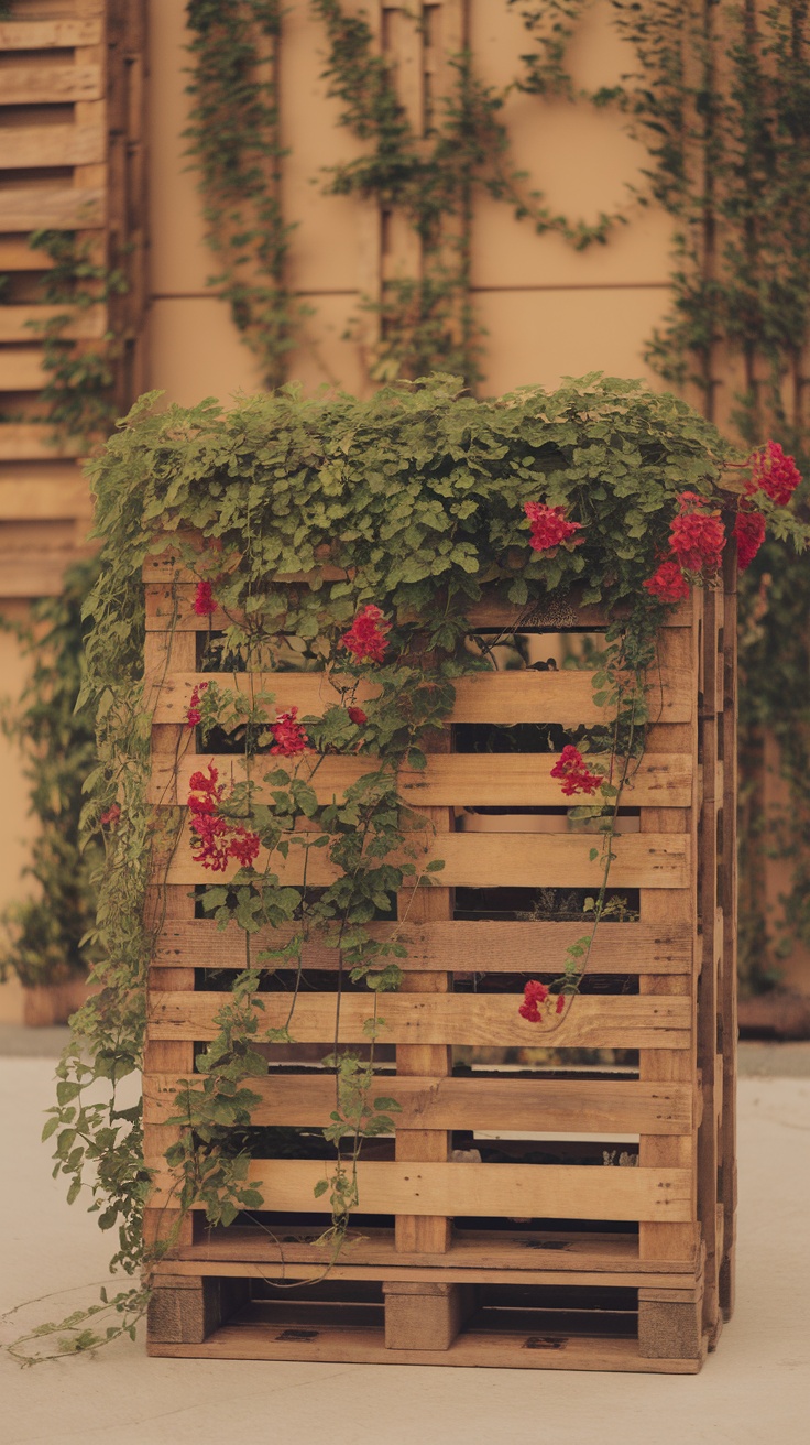 Wooden pallet planter box with climbing plants and flowers