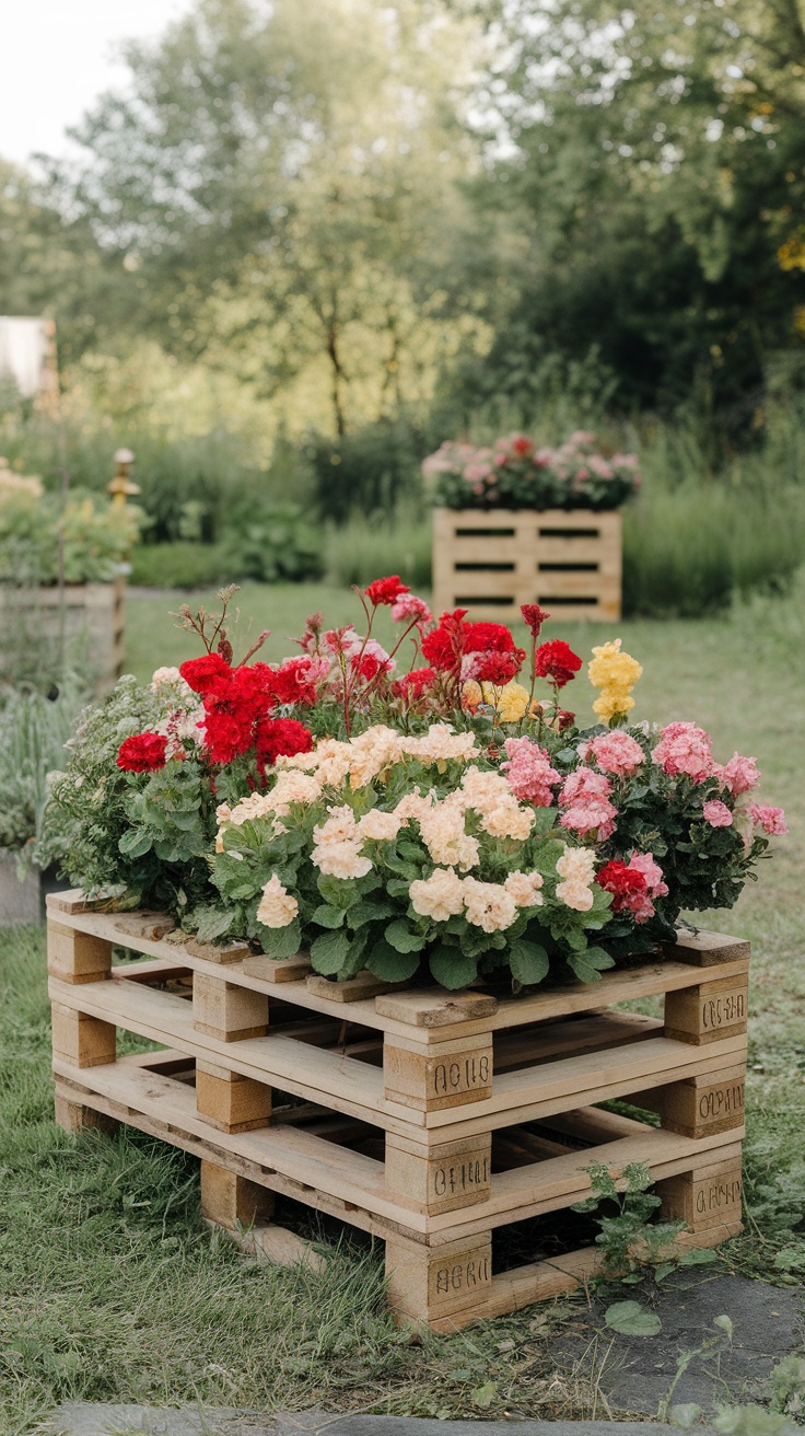 Wooden pallet planter filled with colorful flowers.