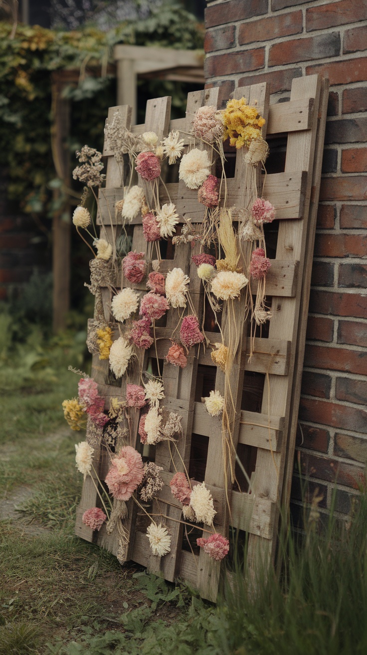 A wooden pallet decorated with various dried flowers, showcasing natural beauty.