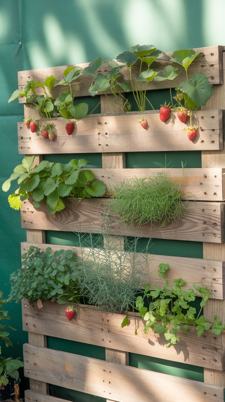 A wooden pallet wall showcasing growing strawberries, herbs, and some succulents.