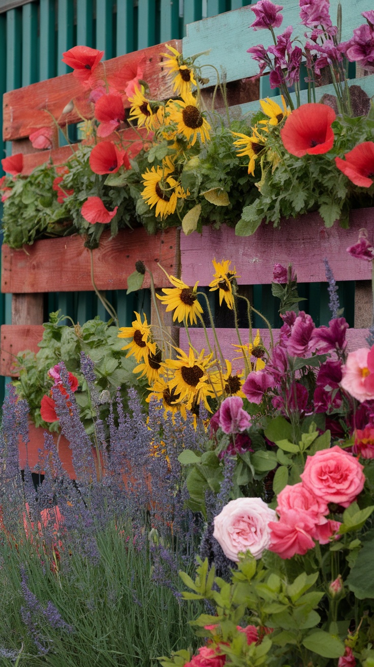 Colorful wooden pallet garden filled with annuals, herbs, and succulents.