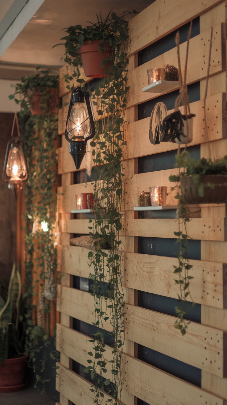 Wood pallet wall with decorative lighting and plants.